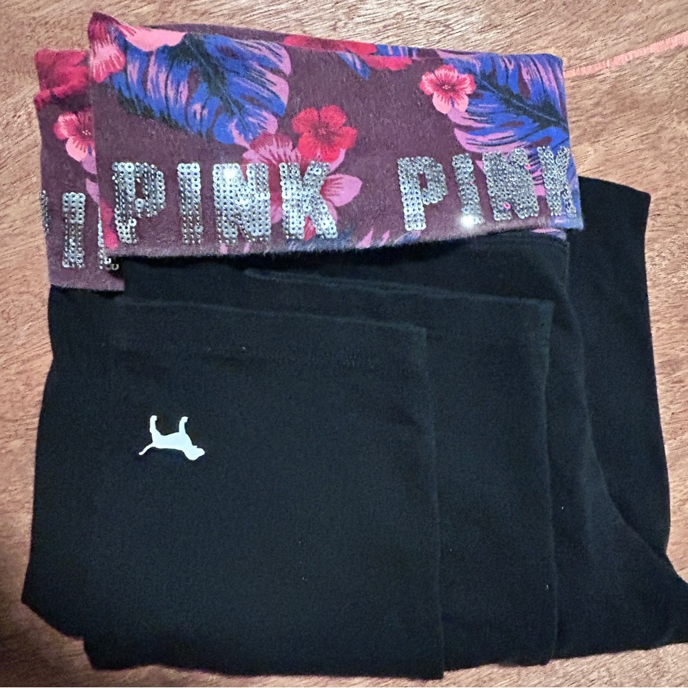 Victoria's Secret PINK black floral waist Yoga Leggings